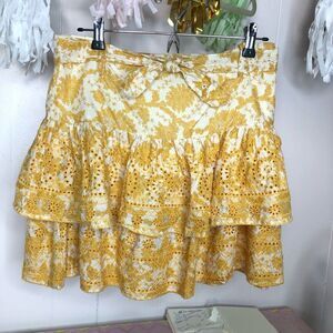 Top Shop Womens Floral Embroidered Belted Tiered Mini Skirt Yellow White Size 8